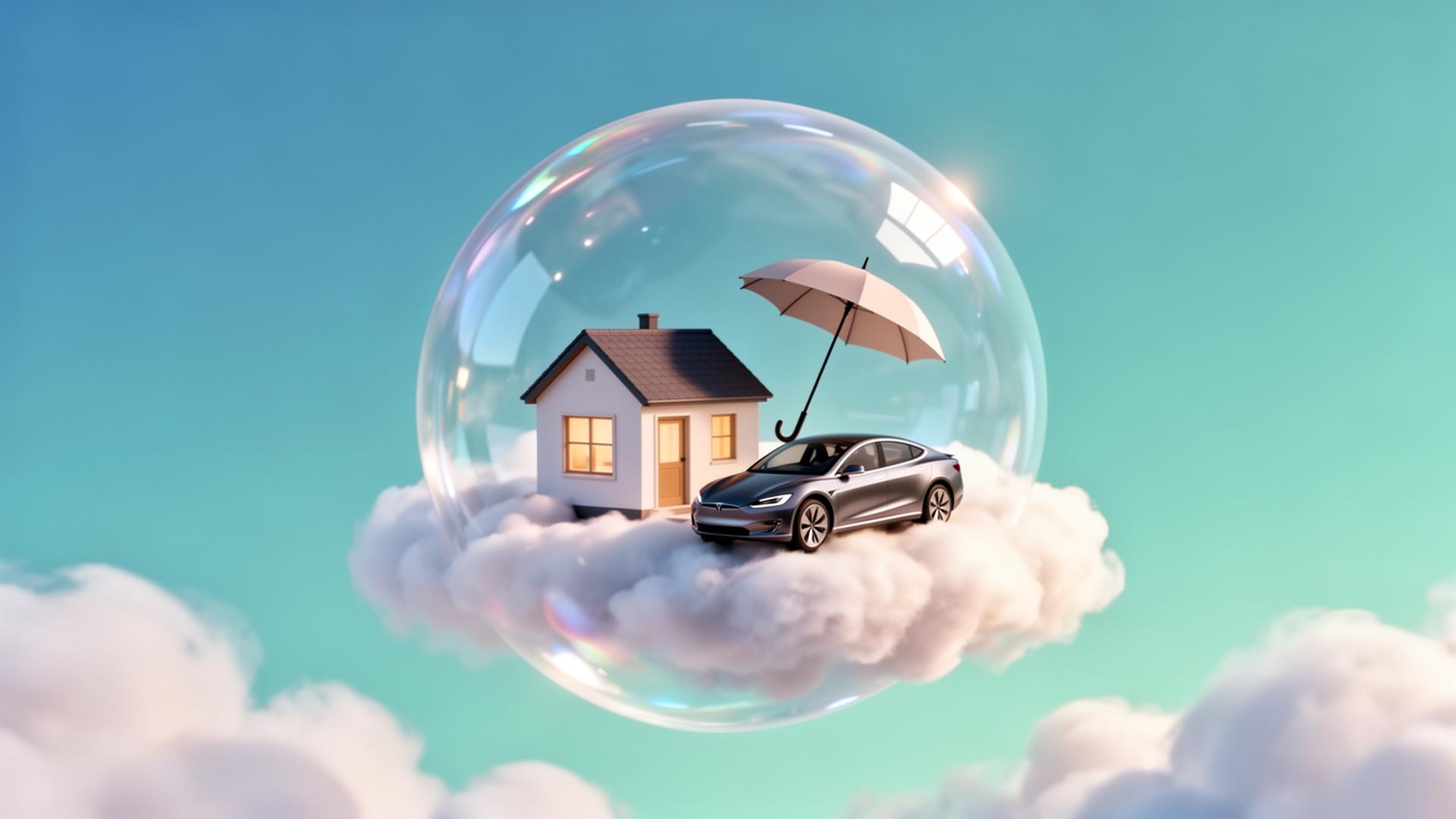House, car and umbrella protected inside a translucent bubble